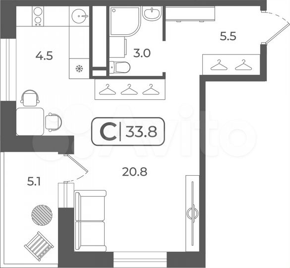 Квартира-студия, 33,9 м², 3/22 эт.
