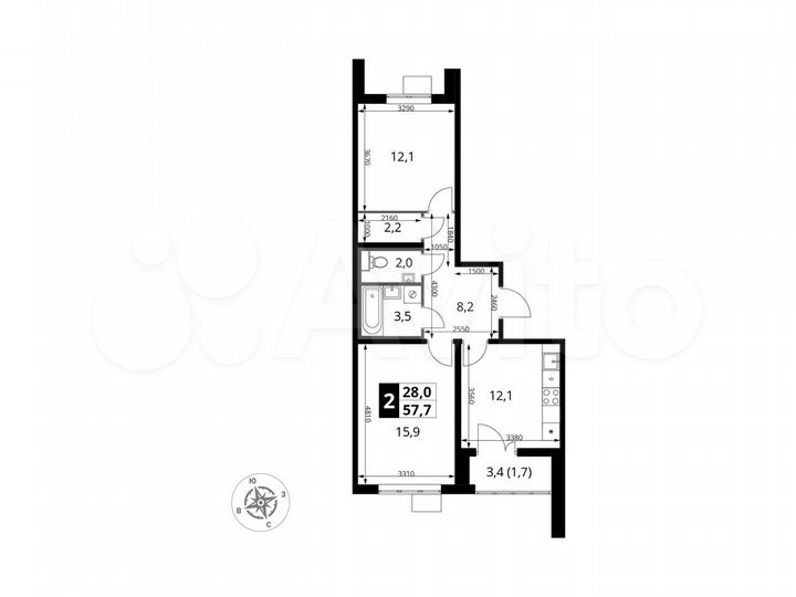 2-к. квартира, 57,7 м², 2/25 эт.