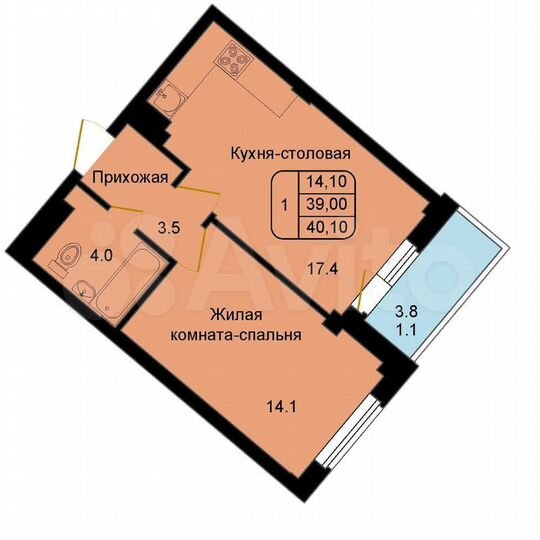 1-к. квартира, 40,1 м², 8/9 эт.