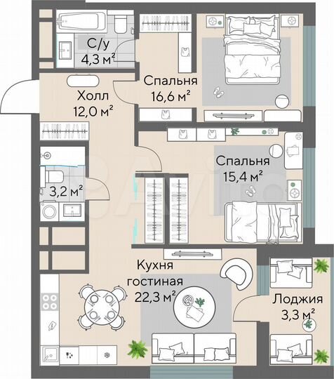 2-к. квартира, 77,1 м², 12/13 эт.