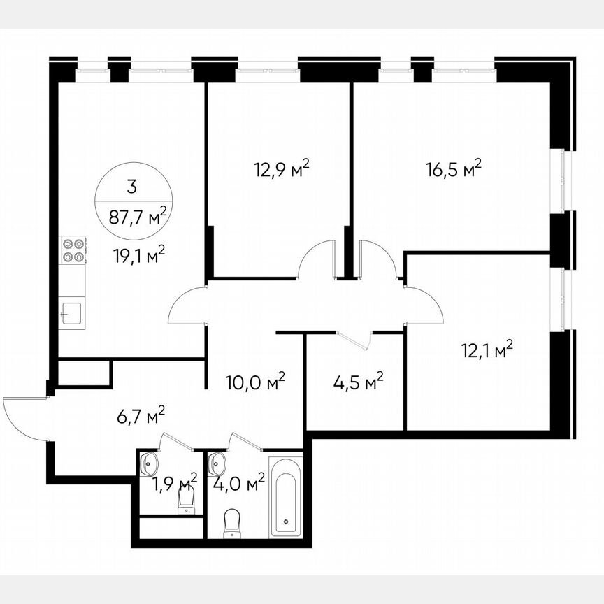 3-к. квартира, 87,7 м², 18/19 эт.