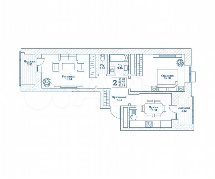 2-к. квартира, 61,4 м², 4/7 эт.