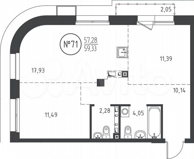 2-к. квартира, 59,3 м², 9/10 эт.