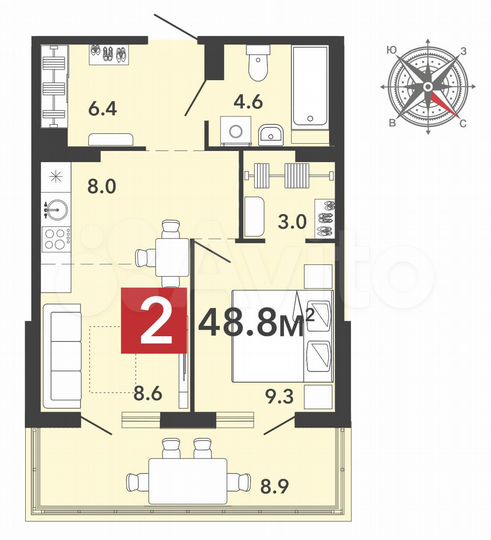 2-к. квартира, 48,8 м², 14/16 эт.