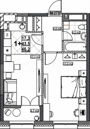 1-к. квартира, 46,2 м², 23/25 эт.