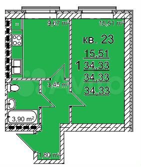1-к. квартира, 34,3 м², 4/4 эт.