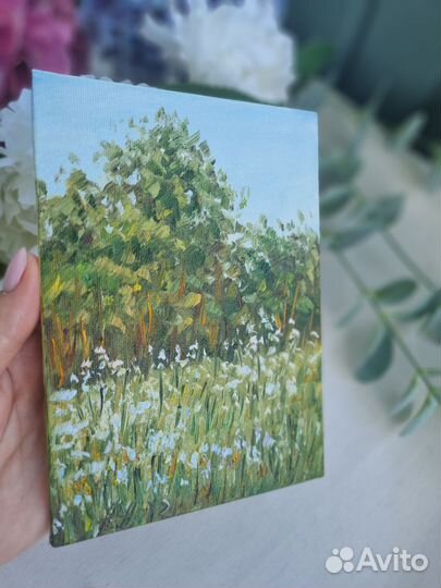 Пейзаж природа Картина маслом с цветами миниатюра