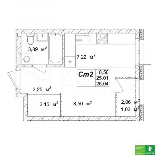 Квартира-студия, 27,3 м², 8/9 эт.