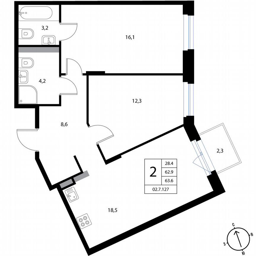 2-к. квартира, 63,6 м², 3/3 эт.