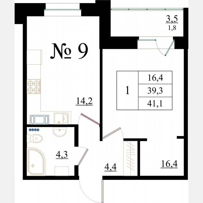 1-к. квартира, 41,1 м², 2/8 эт.