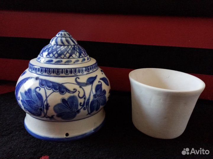 Подвесное кашпо с горшком, керамика роспись гжель