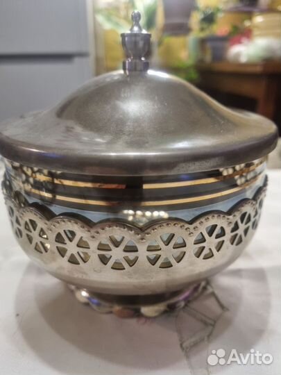 Конфетница сахарница винтажн,мельхиор/стекло, СССР