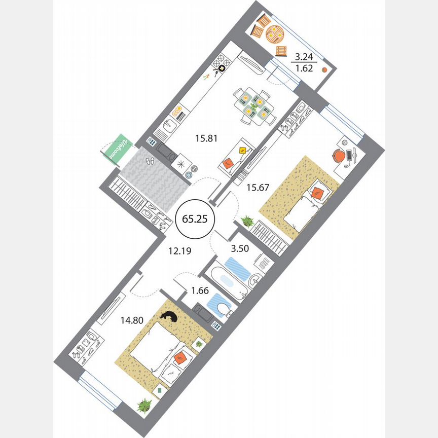 2-к. квартира, 65,3 м², 8/12 эт.