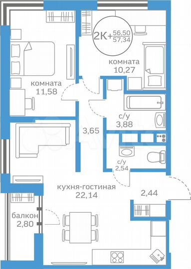 2-к. квартира, 56,5 м², 5/20 эт.