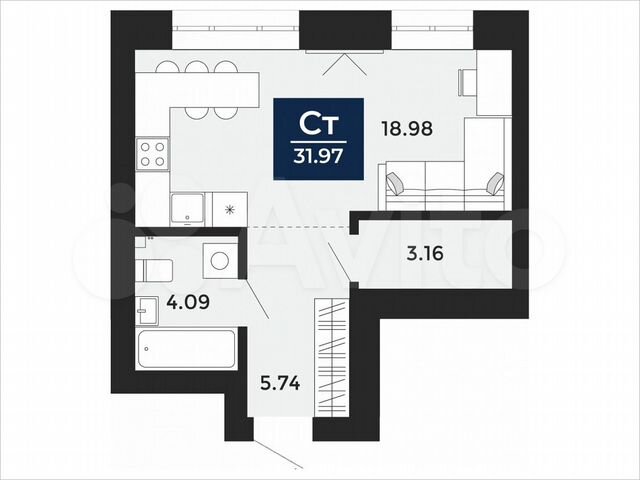 Квартира-студия, 31,9 м², 7/12 эт.