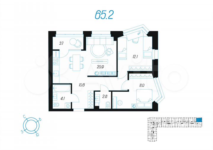 2-к. квартира, 65,2 м², 11/24 эт.