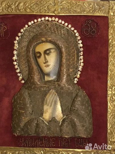 Старинная Икона шитьё Умиление