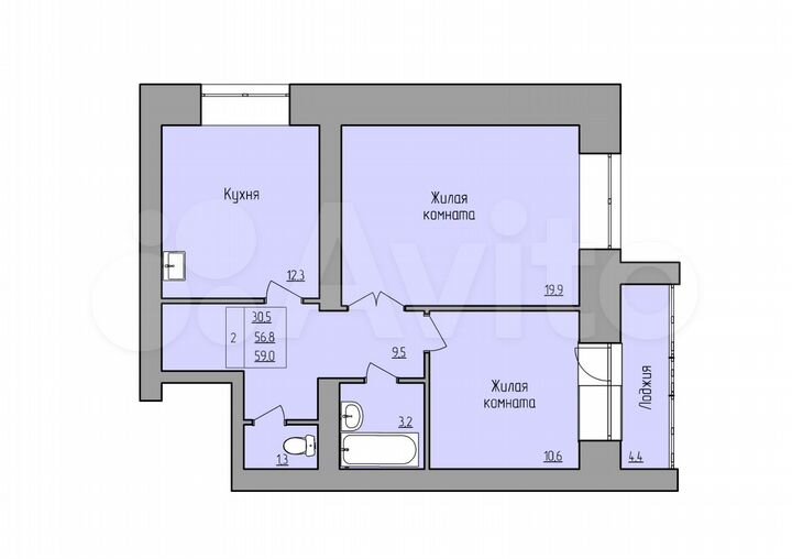 2-к. квартира, 59 м², 6/9 эт.
