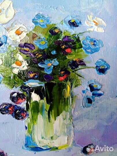 Незабудки ромашки картина маслом 13 х 18 см