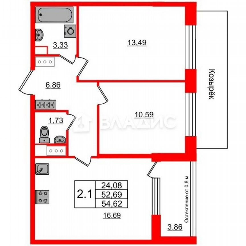 2-к. квартира, 52,7 м², 2/9 эт.