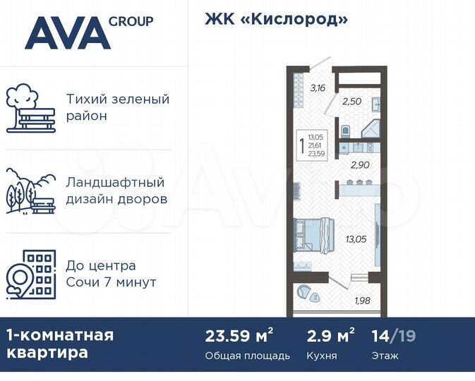 Квартира-студия, 23,6 м², 14/19 эт.