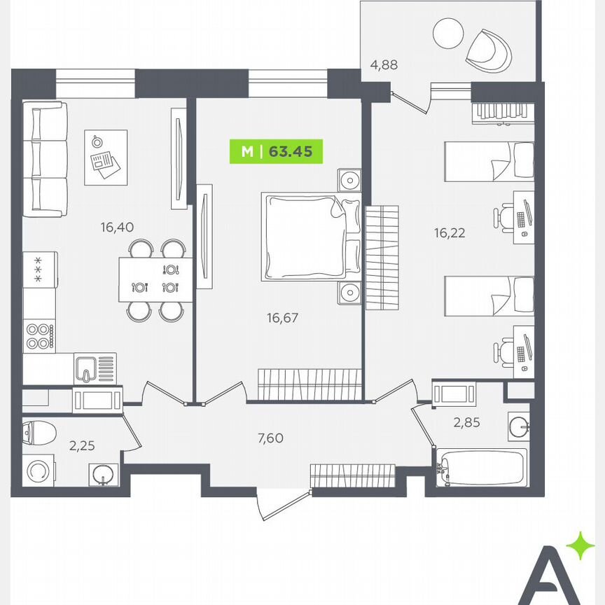 2-к. квартира, 63,5 м², 11/12 эт.