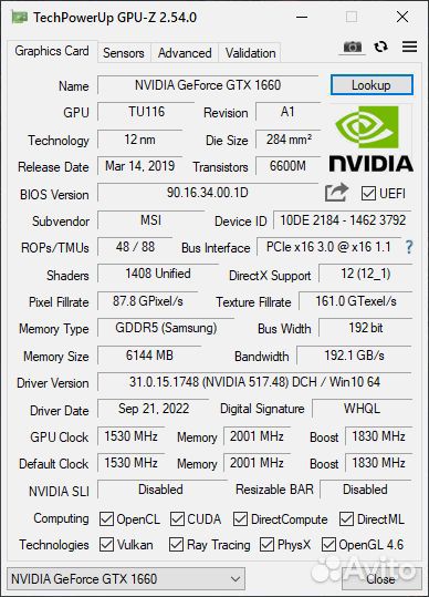 MSI nvidia GeForce GTX 1660 ventus XS 6G OC