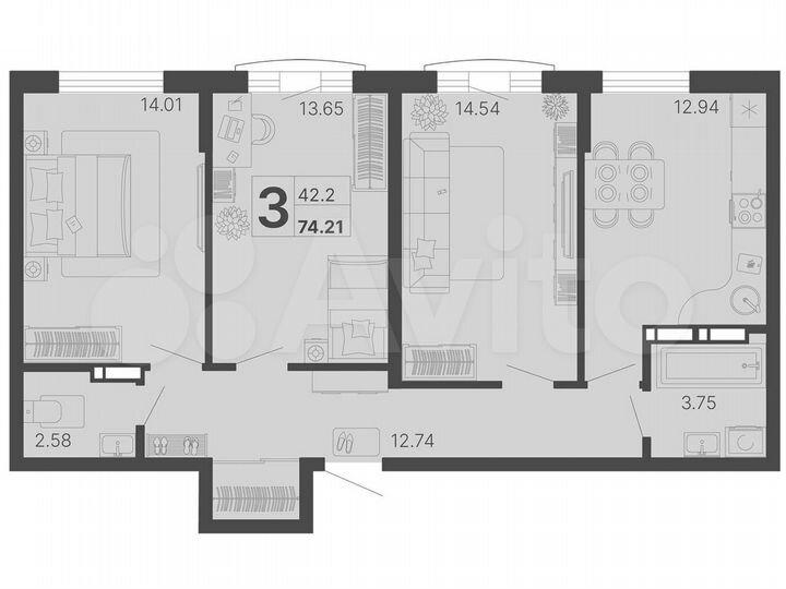 2-к. квартира, 69,2 м², 3/20 эт.