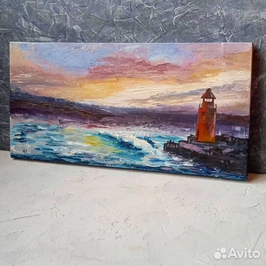 Картина маслом Морской пейзаж Маяк 20х40