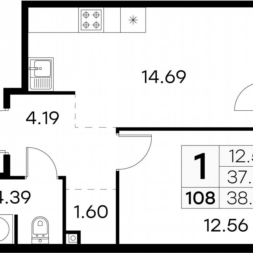 1-к. квартира, 39 м², 12/15 эт.