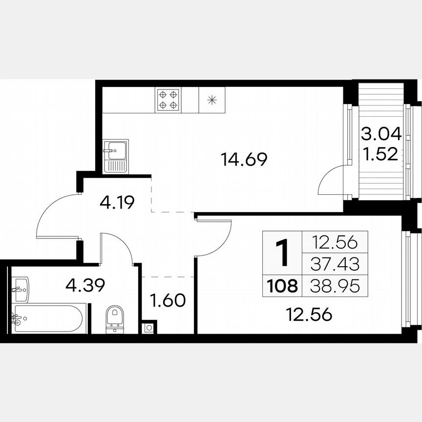 1-к. квартира, 39 м², 12/15 эт.