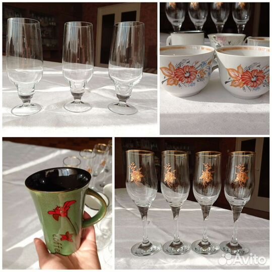 Много чашек, кружек, фужеров