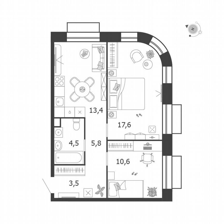 2-к. квартира, 54,7 м², 10/15 эт.