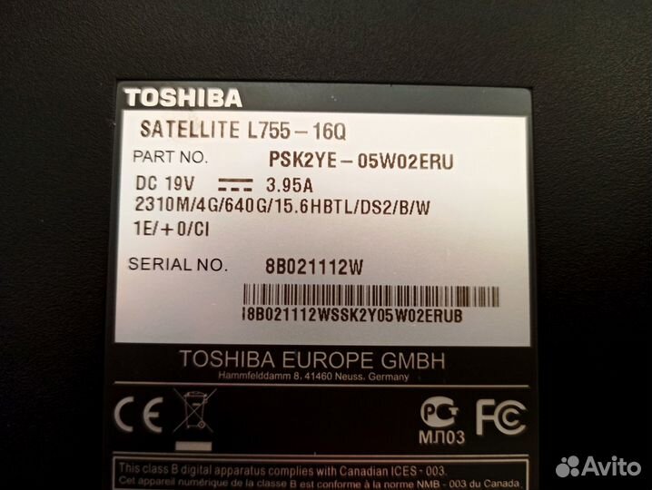 Ноутбук Toshiba Satellite L - 750 - 160