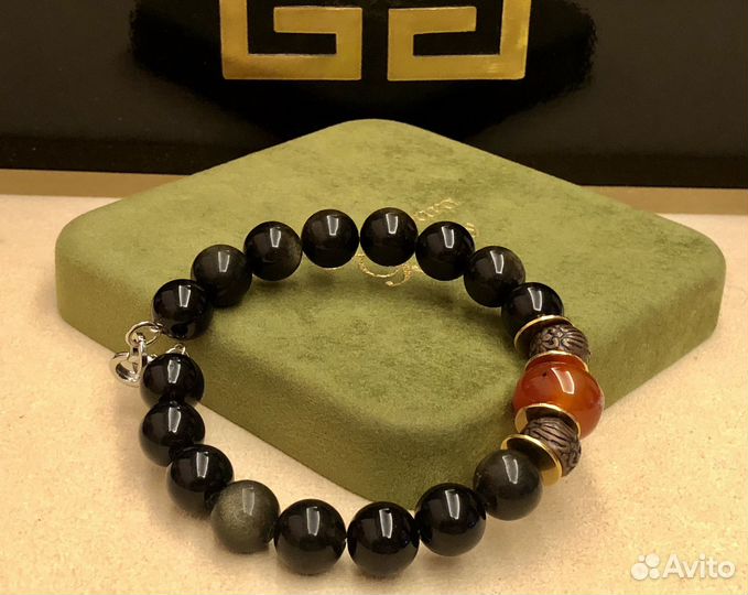 Браслет с натур черным обсидианом и сердоликом