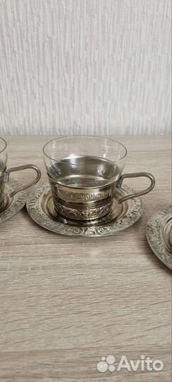 Чайный мельхиоровый набор СССР с блюдцами