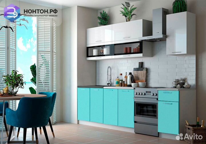 Кухня Техно 2.0м белый глянец / бирюза металлик