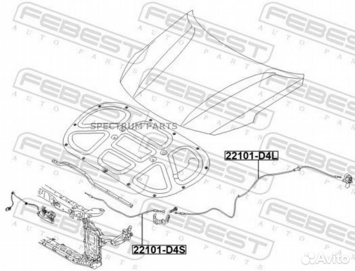 Febest 22101D4L трос привода открывания замка капо