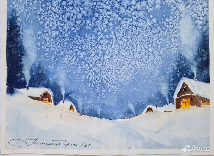 Большая картина акварель зима в деревне с паспарту