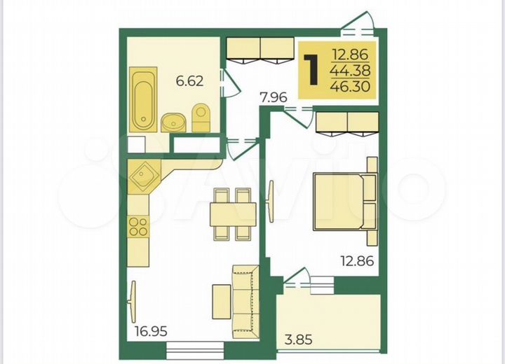 1-к. квартира, 46,3 м², 2/7 эт.