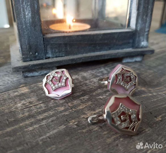 Серьги и кольцо серебро фианиты перламутр