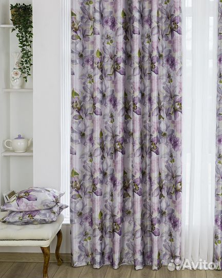 Шторы рогожка Жардин сиреневый новые пошив