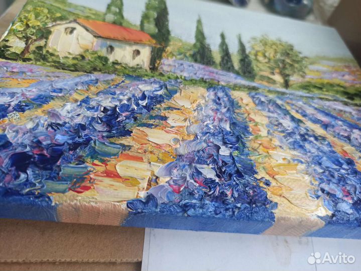 Пейзаж маслом с лавандой картина Прованс цветы дом
