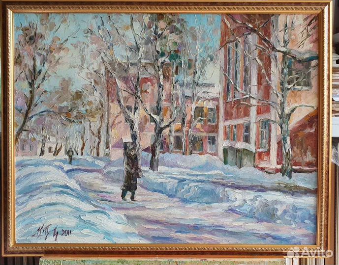 Картина маслом пейзаж зима на холсте 50х65 см