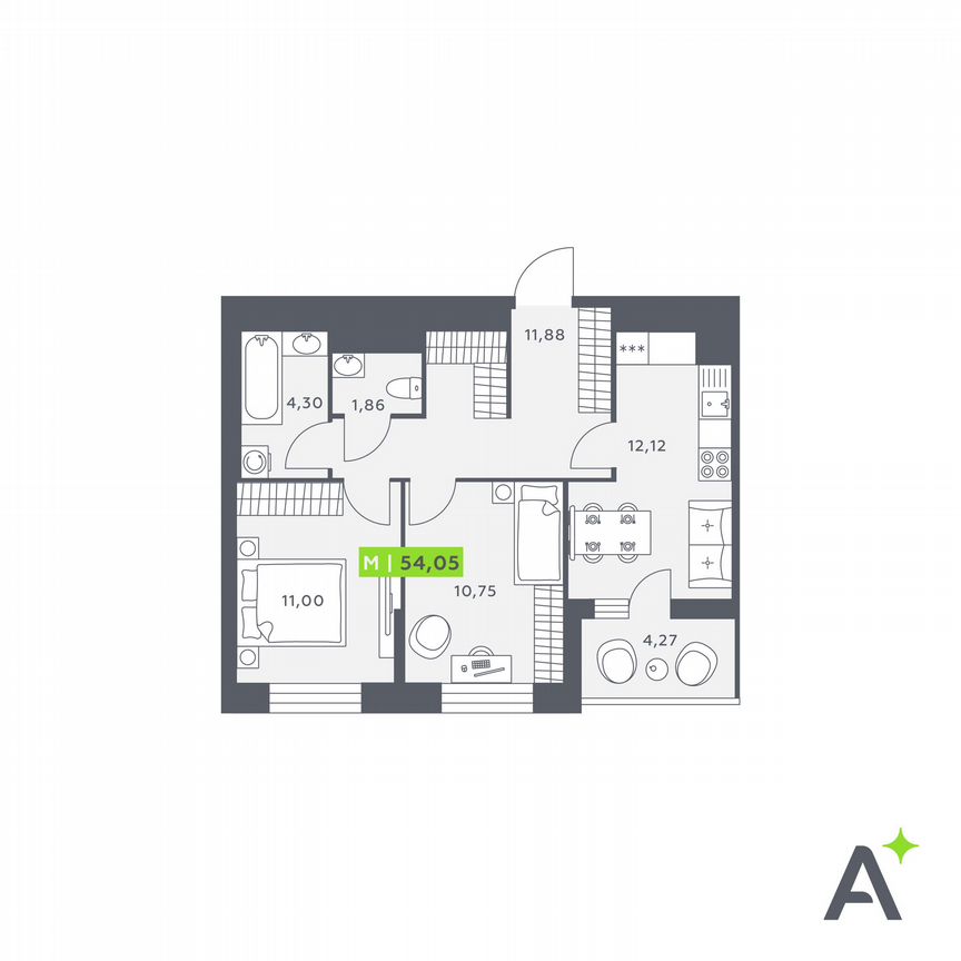 2-к. квартира, 54,1 м², 1/12 эт.