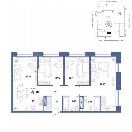 4-к. квартира, 81,3 м², 10/25 эт.