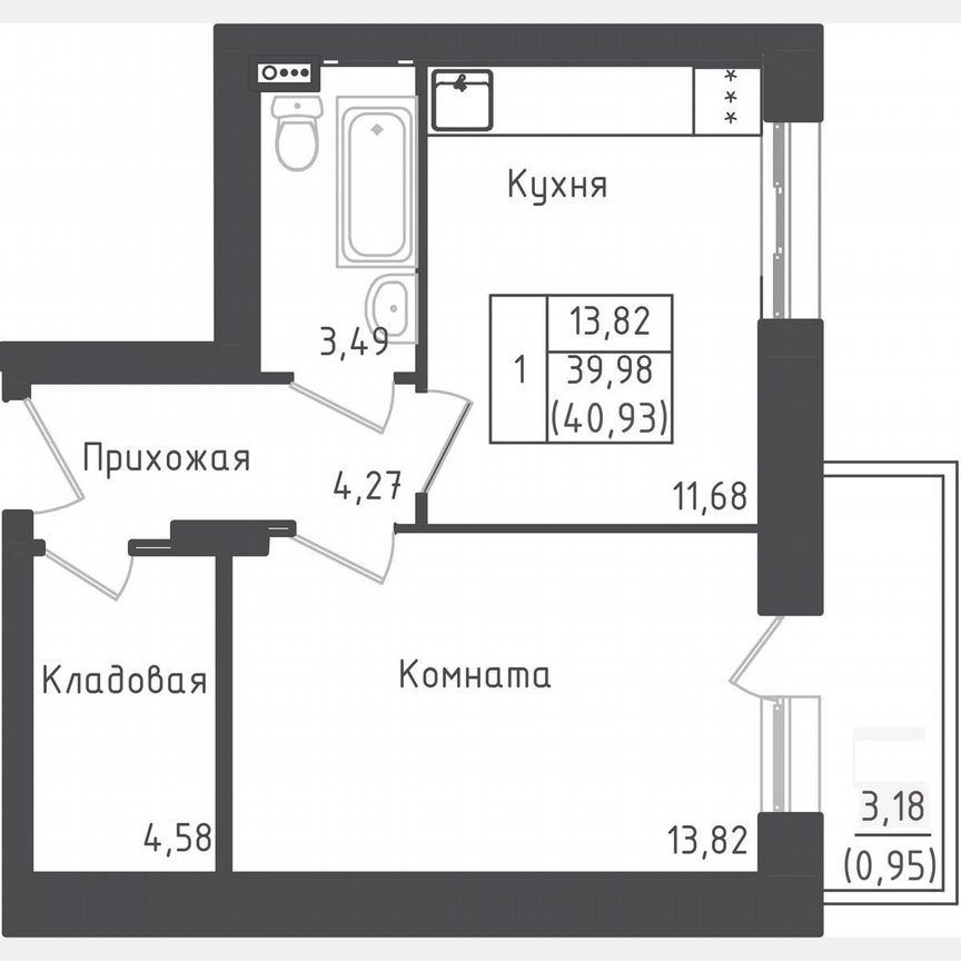 1-к. квартира, 40,9 м², 1/5 эт.