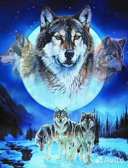Алмазная мозаика 40x50 Три серых волка в ночных го