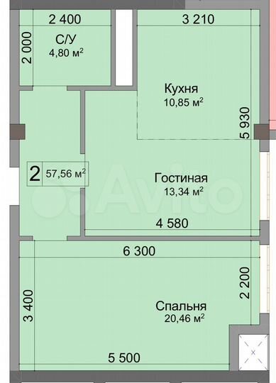 2-к. квартира, 57,6 м², 4/11 эт.