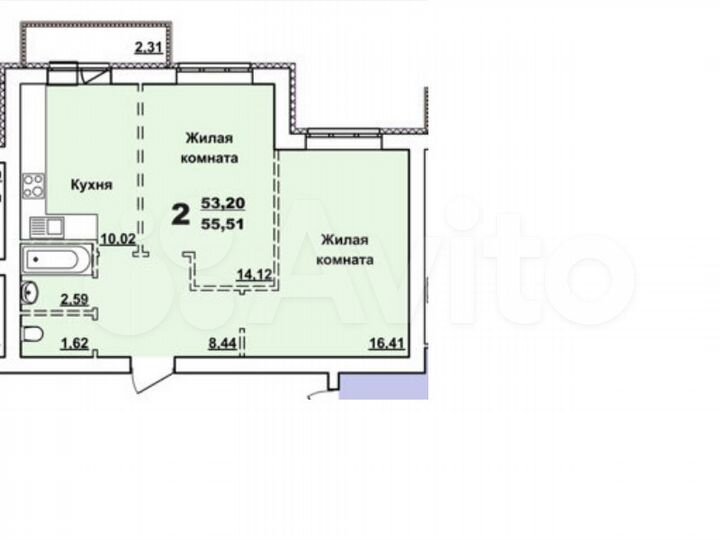 2-к. квартира, 55,5 м², 6/10 эт.